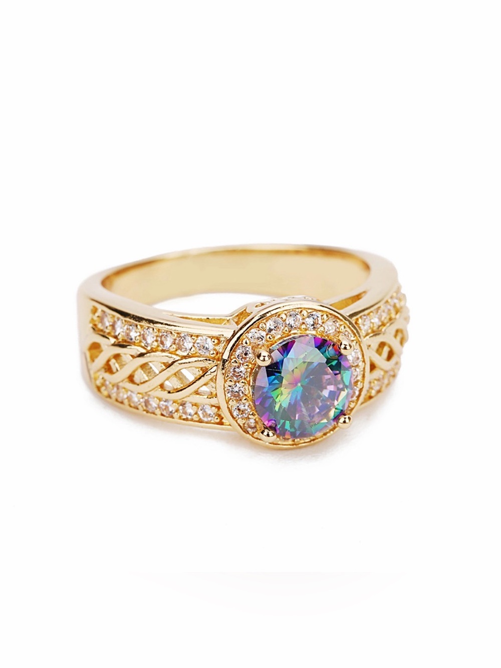 Gold Tone Rainbow Oval Stone Halo Ring Filigree Statement Band (R4) - Picture 3 of 6